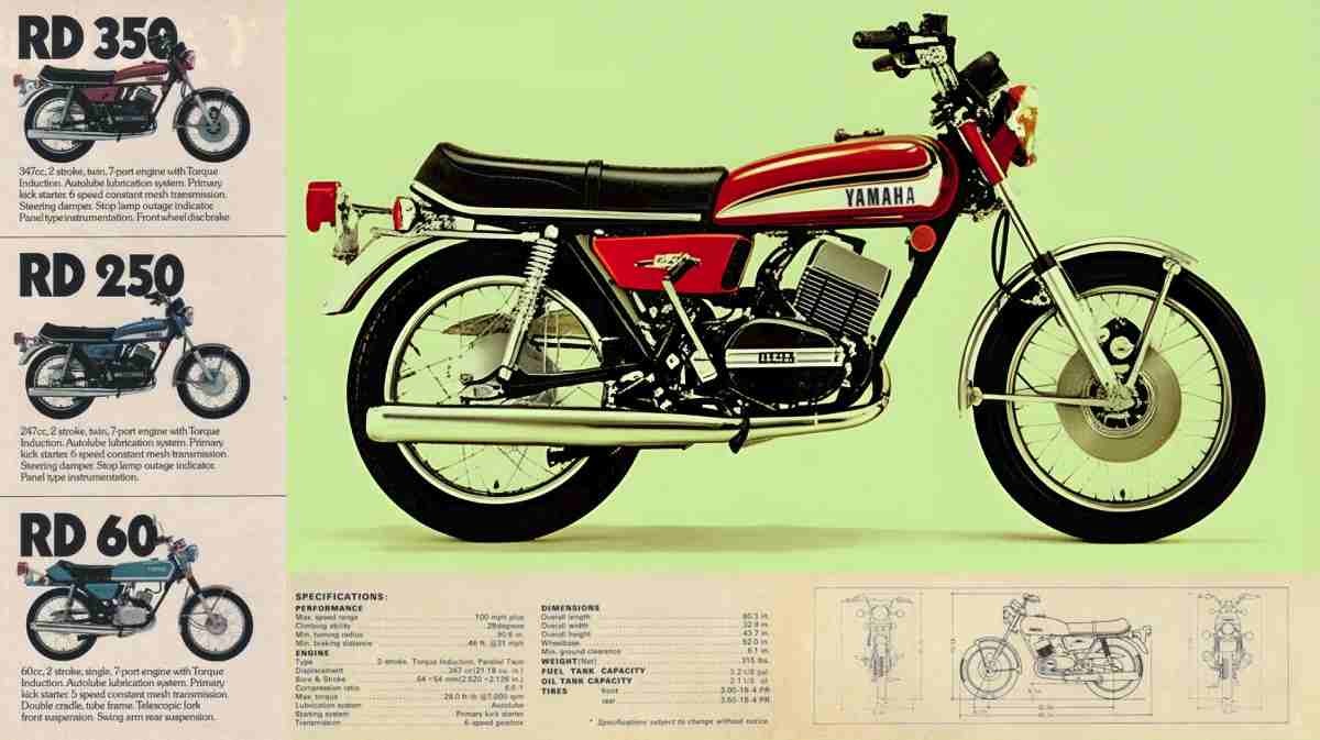 Yamaha RD350 air-cooled two-stroke parallel twin — the classic 347cc motorcycle produced from 1973 to 1975
